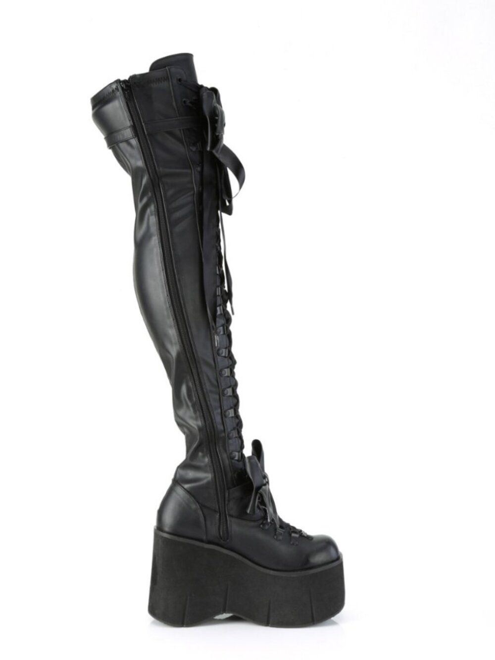 Blk Stretch Vegan Leather Thigh-High Boots, Adjustable Straps, Removable Bows
